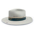 right profile view, with bezel set champagne diamond next to<br>a trio of silver wire hand-stitched accents,<br>an antiqued silver hat pin (tucked into ribbon),<br>and, sewn onto the brim, an antiqued sterling flower branch <span class='visuallyhidden'>Call, text 323-404-2959 for shopping assistance</span>
